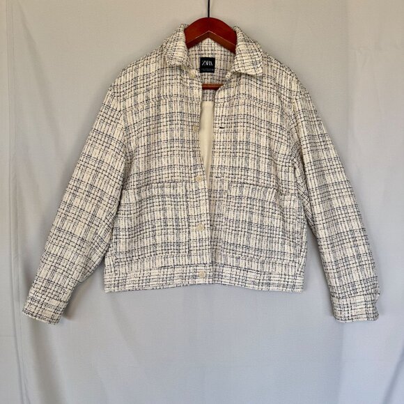 Zara Ivory Black Boucle Tweed Boxy Oversized Button Front Bomber Jacket Size M - Picture 4 of 16